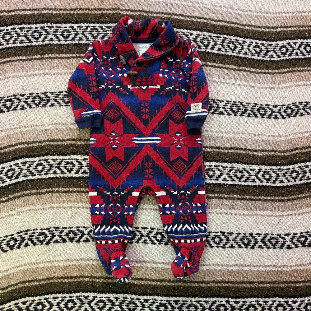 Baby Toddlers Polo Ralph Lauren Red Blue Aztec Footed Coverall One Piece Sz 6M